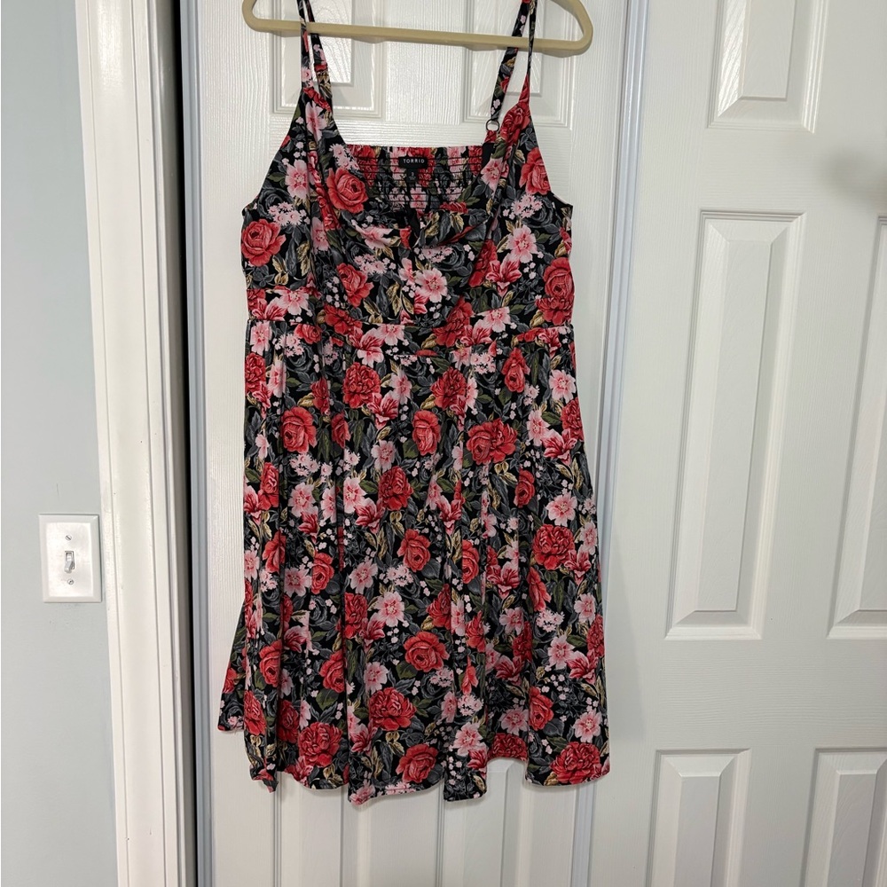 Torrid Black Floral Dress with Red and Pink Accents